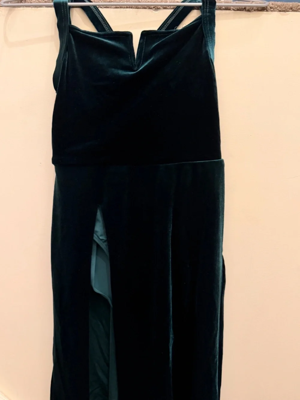 Weissman Elite “No Fool” Green Velvet Midi Dress with Side Slit. Size MC.